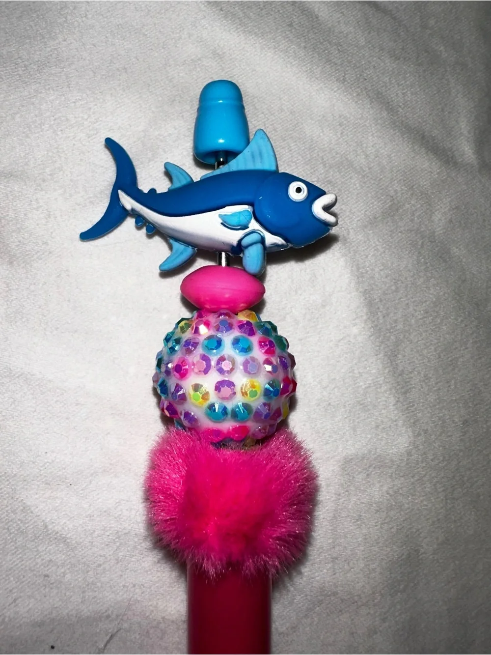 Blue Shark Top Pink Pom Pom Pen